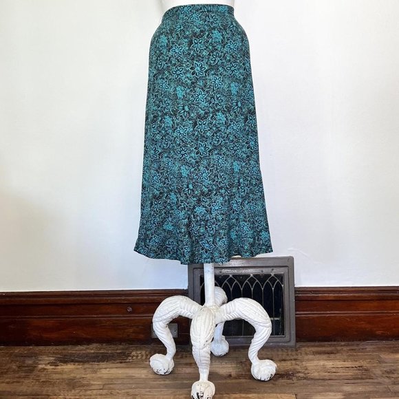 Vintage 90s teal floral long bias cut midi skirt M 6 - Picture 4 of 4